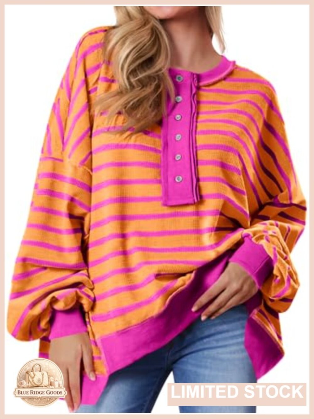 Oversized Waffle Knit Striped Henley Sweatshirt Long Sleeve Pullover Top